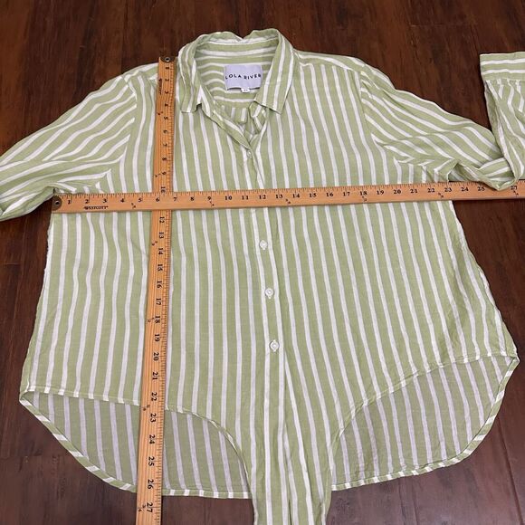 LOLA RIVER Striped Shirt Green White Button Up Tie Roll Tab Sleeve - Picture 10 of 11